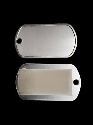 DULL FINISH G.I. DOG TAG WITH CERMARK BAND ON FLAT SIDE. 1 1/2" x 3/4